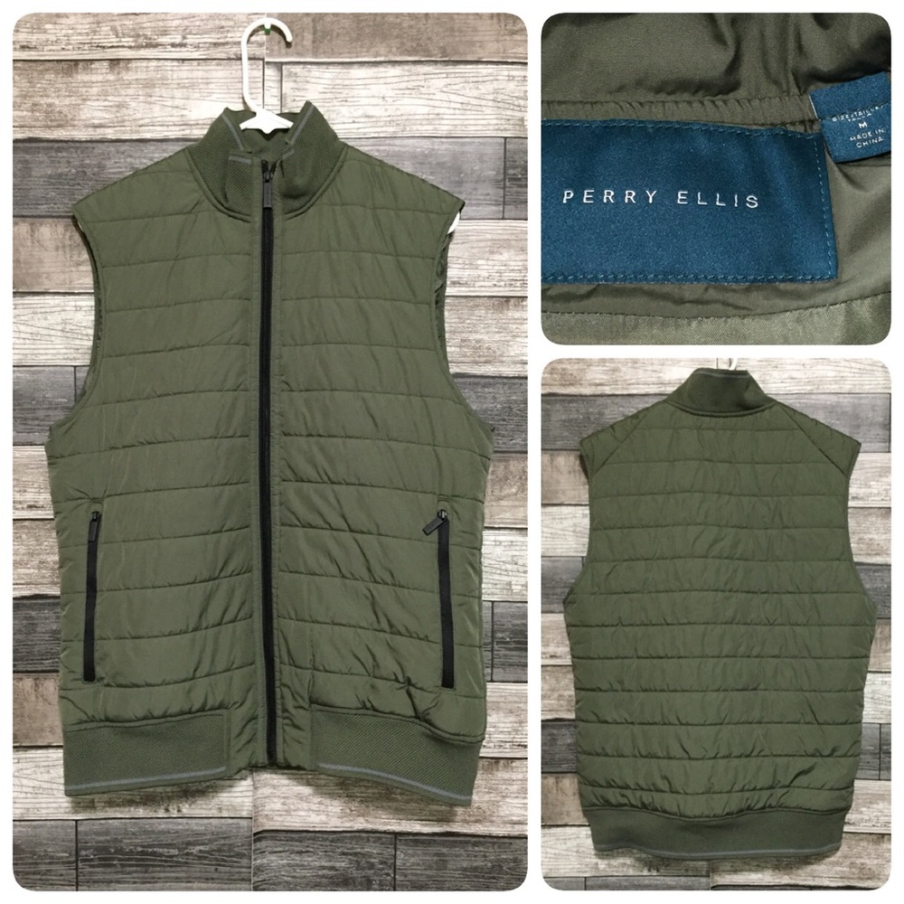 Perry Ellis Puffer Vest Men’s M Green Full Zip Pockets Casual